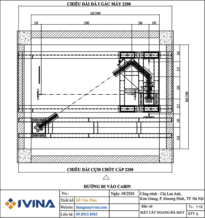 Bản vẽ lắp đặt mặt cắt ngang đà máy ngang, hệ truyền dưới cabin