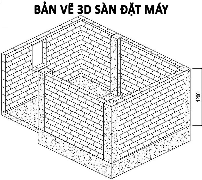 Bản vẽ 3D sàn đặt máy thang máy đã xây gạch