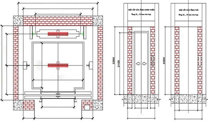 Bản vẽ thang máy gia đình, tải khách 300kg, 350kg, 450kg, 500kg, 550kg, 630 kg, 700kg, 750kg, 800kg, 1000kg đối trọng sau cửa mở tim