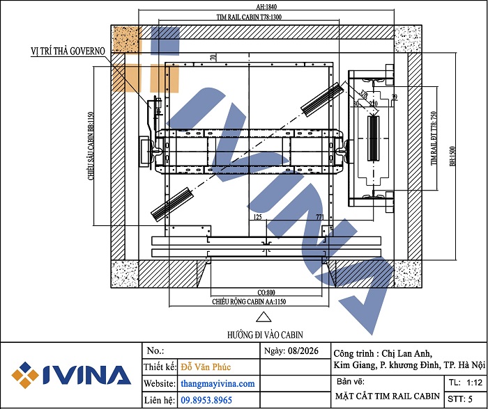 Bản vẽ lắp đặt thang máy gia đình 4500kg truyền dưới + Puly (kích thước thông thủy 1840x1500mm)