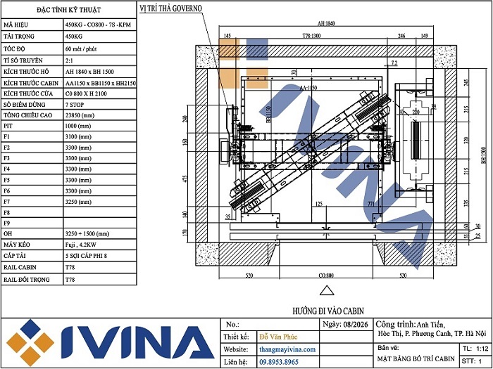 Bản vẽ thiết kế thang máy gia đình 450kg đối trọng hông không phòng máy kích thước 1840 x 1500mm cabin 1150 x 1150mm hố xây bê tông