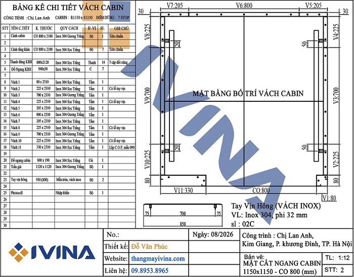 Bản vẽ mặt cắt ngang cabin 1150×1150 Inox 304 sọc nhuyễn xen Inox gương trắng