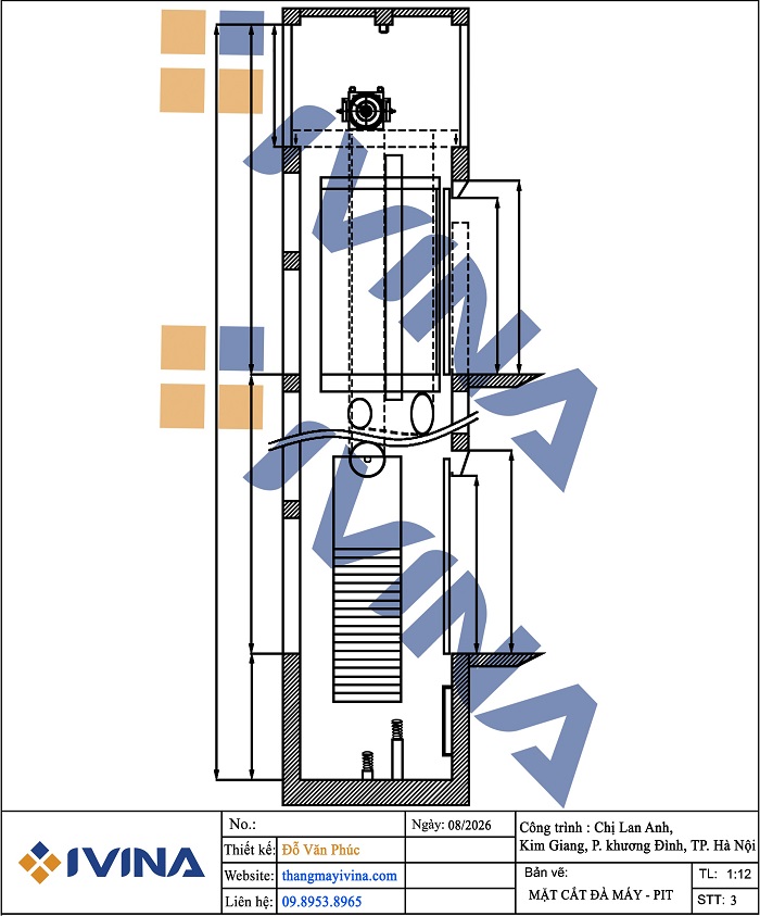Mặt cắt ngang dọc hố thang máy không phòng máy thang máy 350kg, 450kg, 550kg, 630kg, 700kg, 800kg, 1000kg, 1200kg, 1500kg