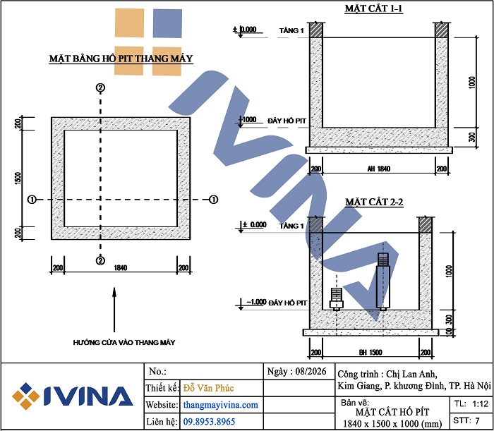 Mặt cắt hố pít thang máy 450kg kích thước 1840 x 1500 x 1000mm