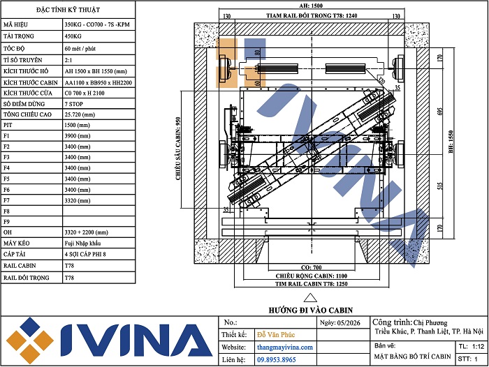 Bản vẽ thang máy gia đình 350kg mặt cắt kích thước hố bố trí giếng thang 1500x1550mm, cabin 1100x950x2200mm