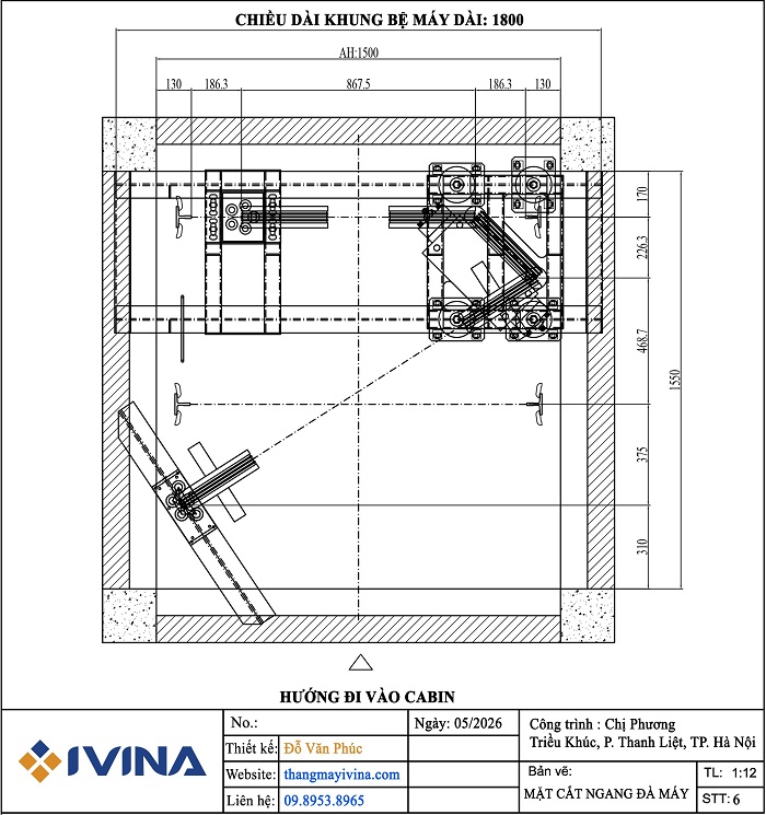 Bản vẽ lắp đặt mặt cắt ngang đà máy ngang, hệ truyền dưới cabin