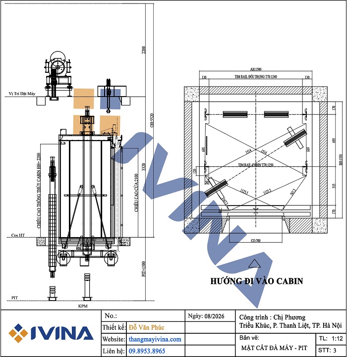 Mặt cắt đứng giếng thang 450kg không phòng máy, đối trọng sau