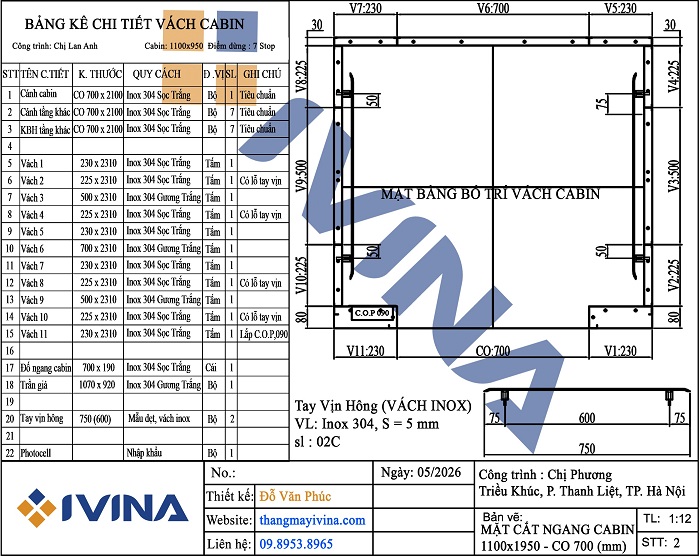 Bản vẽ mặt cắt ngang cabin 1100×950 Inox 304 sọc nhuyễn xen Inox gương trắng