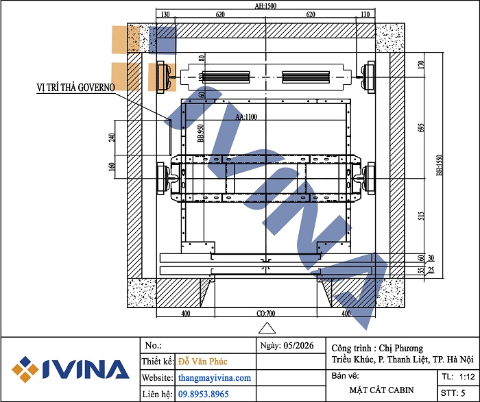 Bản vẽ lắp đặt thang máy gia đình 350kg truyền dưới + Puly (kích thước thông thủy 1500x1550mm)