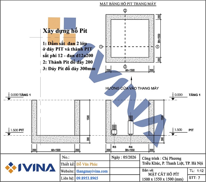 Hố pit thang máy 350kg rộng 1500 x Sâu 1550 x âm 1000 (mm)