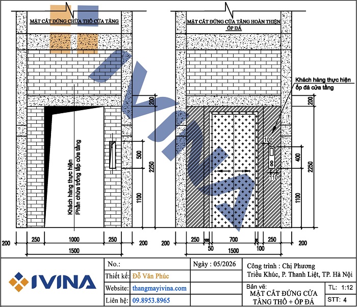 Bản vẽ mặt cắt đứng chừa thô và ốp đá cửa tầng CO700 x 2100mm