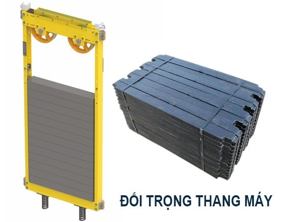 Cục đối trọng thang máy đặt trong khung thép hình chữ nhật