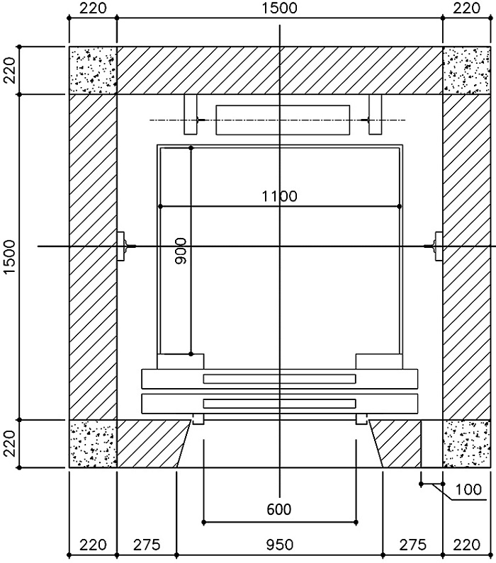 Thang máy 350kg (5 người) Kích thước thông thuỷ hố thang 1500mm x 1500mm