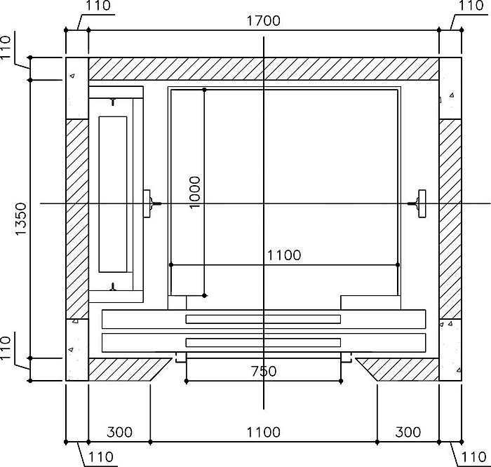 Thang máy gia đình 350kg kích thước 1700mm x 1350mm cột và tường 110mm x 300mm