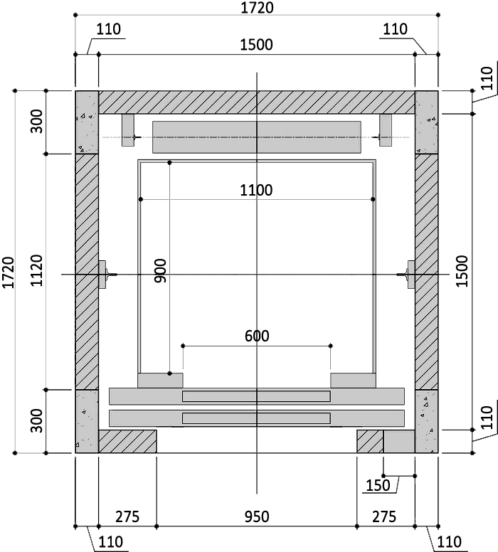 Thang máy gia đình 350kg cột bốn góc là cột hình chữ nhật 110mmx300mm, tường xây 110mm