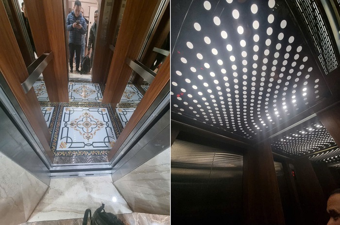 Trần giả cabin Inox gương đột lỗ tròn nhỏ kết hợp mika đèn LED chiếu sáng dịu nhẹ