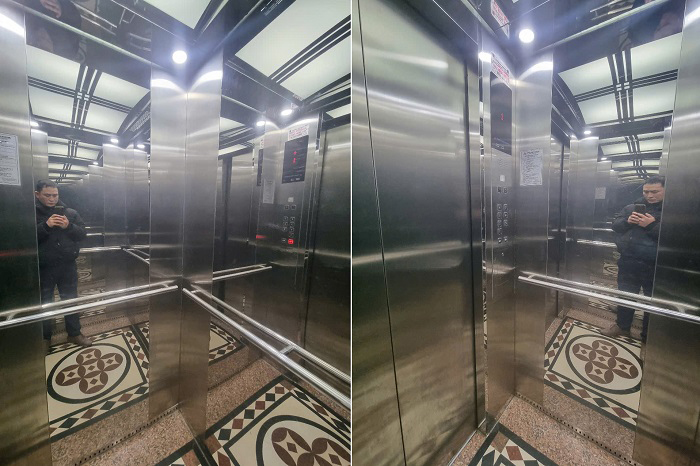 Cửa cabin 700 x 2100 mm, vách trước bảng gọi inox 304 sọc nhuyễn