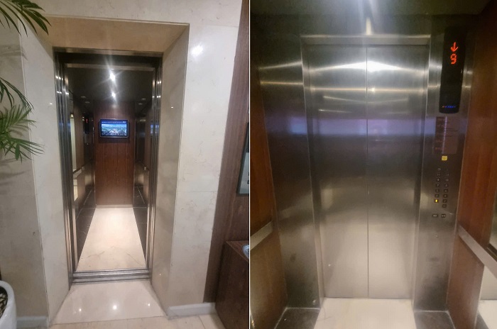 Cửa cabin 700 x 2100 mm, vách trước, bảng gọi tầng inox 304 sọc nhuyễn