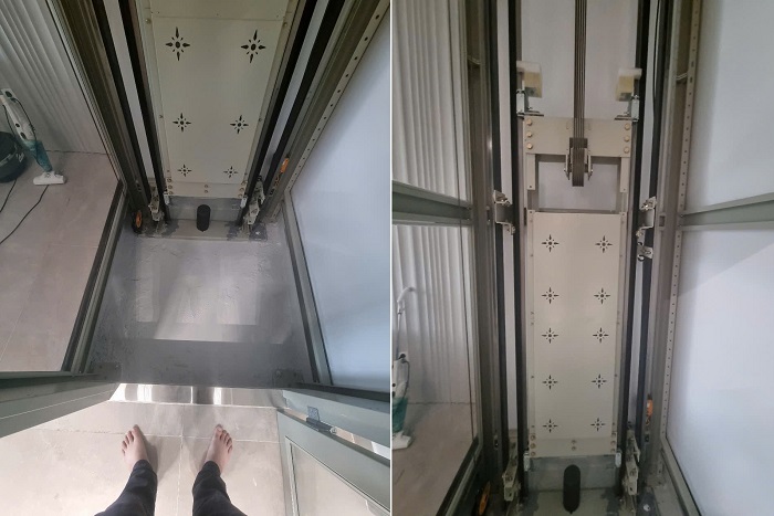 Đối trọng sau thang máy homelift 350kg và puly truyền dưới cabin