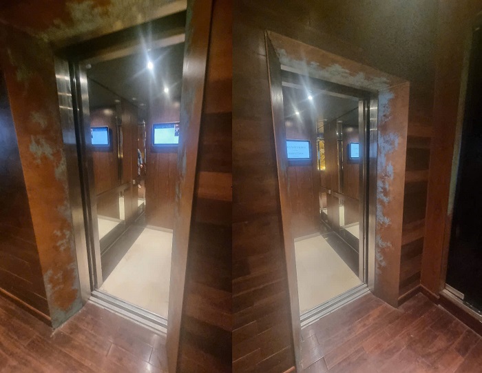 Vách bên trong cabin 1400 x 1200 mm inox 304 vân gỗ xen inox gương