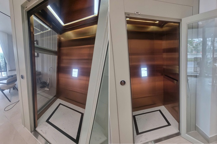 Vách cabin thang máy kính homelift kính viền inox sọc nhuyễn