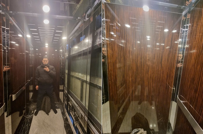 Vách trái, phải cabin thang máy inox dán vân gỗ xen inox trắng gương