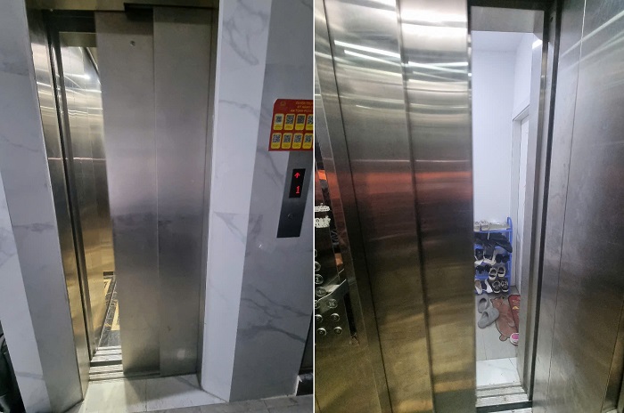 Cửa cabin 700 x 2100 mm, bảng gọi, vách trước, hông inox 304 sọc nhuyễn