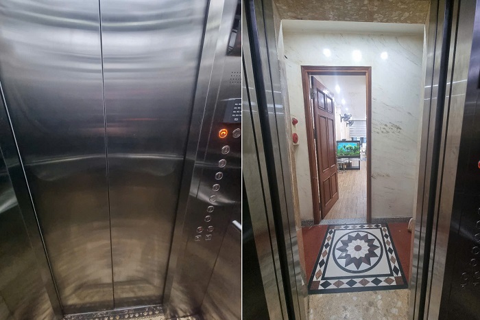 Cửa cabin 750 x 2100 mm, vách trước bảng gọi inox 304 sọc nhuyễn
