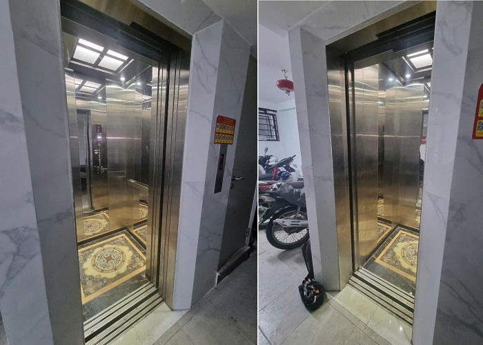 Hai bên vách trái phải cabin inox 304 sọc nhuyễn xen inox trắng gương tay vịn dẹt