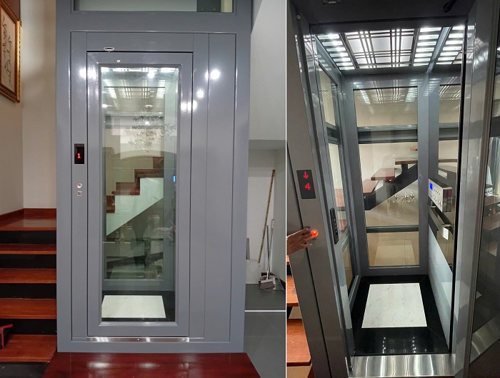 Thang máy homelift 350kg cabin inox xám kết hợp kính 1500x1400
