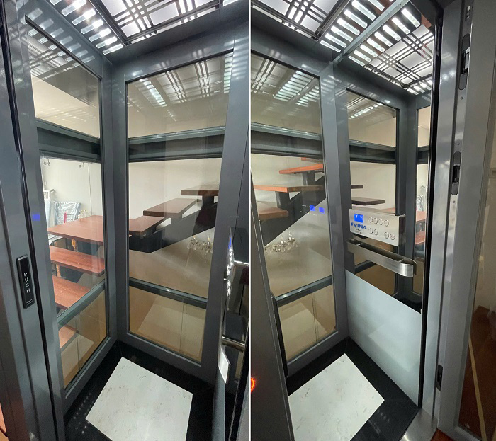 Cabin thang máy kính homelift Kích thước 800 x 950 mm (Rộng x Sâu) tay vịn dẹt