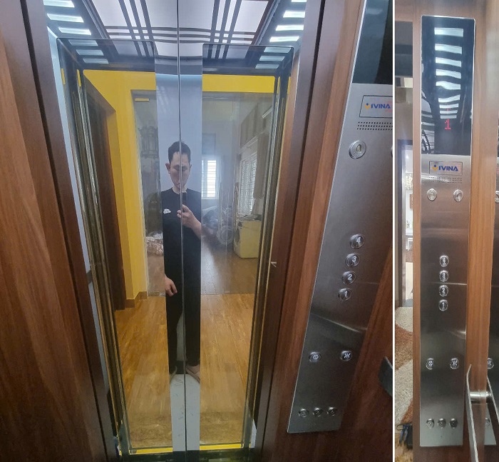 Cửa cabin thang máy kính trắng trong viền inox trắng gương