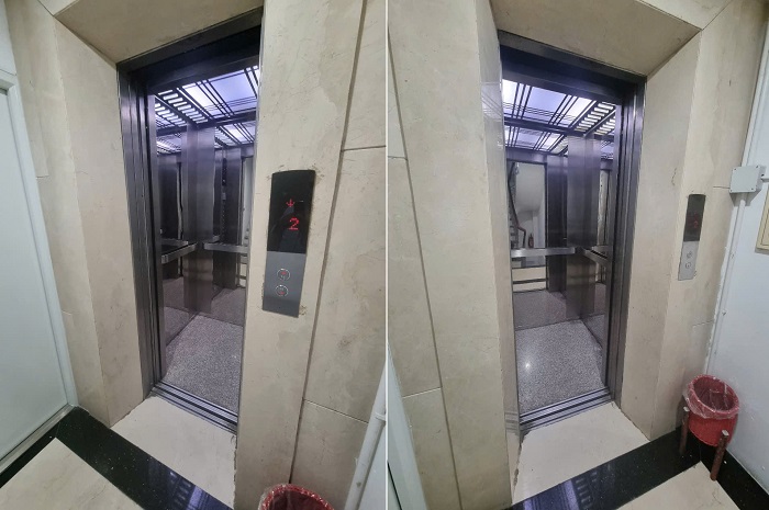 Cửa cabin 700 x 2100 mm, bảng gọi, vách trước, hông inox 304 sọc nhuyễn
