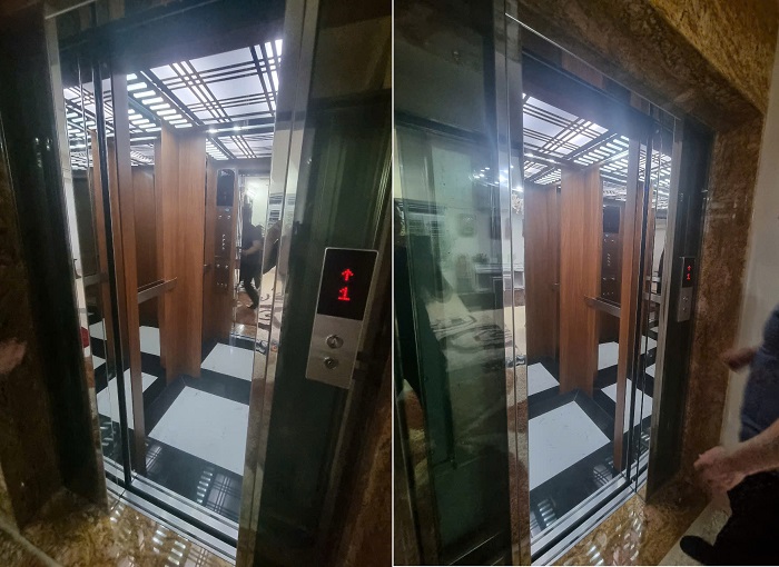 Vách trái, vách phải cabin thang máy inox dán vân gỗ xen inox trắng gương