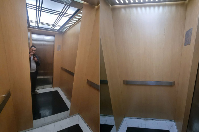 Vách cabin phải, vách sau inox dán vân gỗ xen inox trắng gương