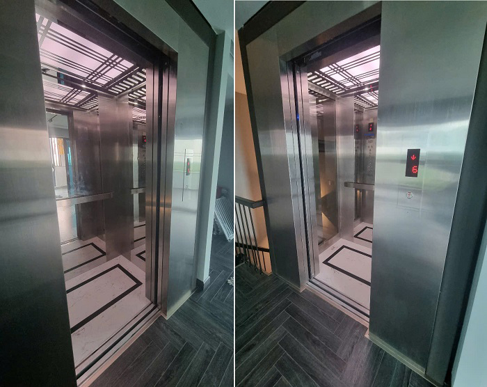 Vách trái, phải cabin thang máy homelift inox 304 sọc nhuyễn xen inox trắng gương kết hợp kính