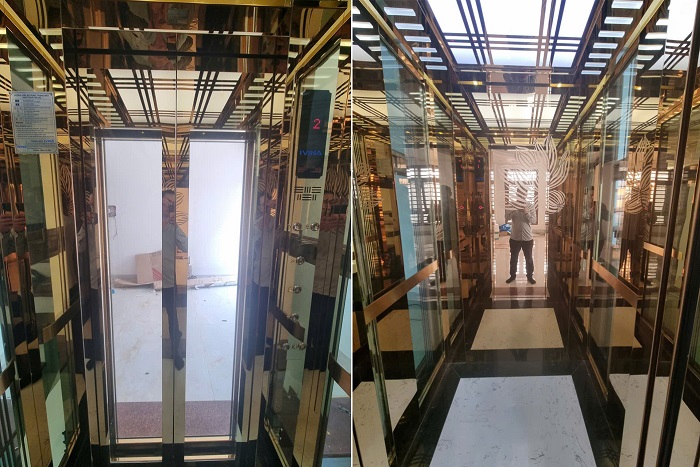 Vách sau cabin inox vàng gương hoa văn ăn mòn hình bông hoa sen đang nở