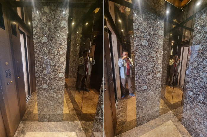 Hai bên vách cabin Inox vàng gương xen kính cường lực hoa văn