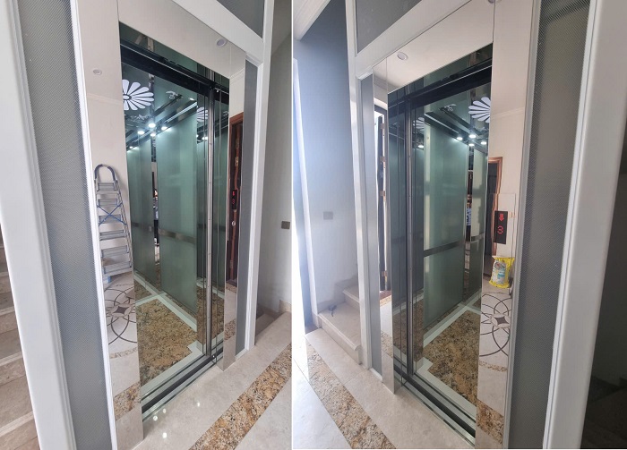 Vách trái, phải inox trắng gương xen kính cường lực