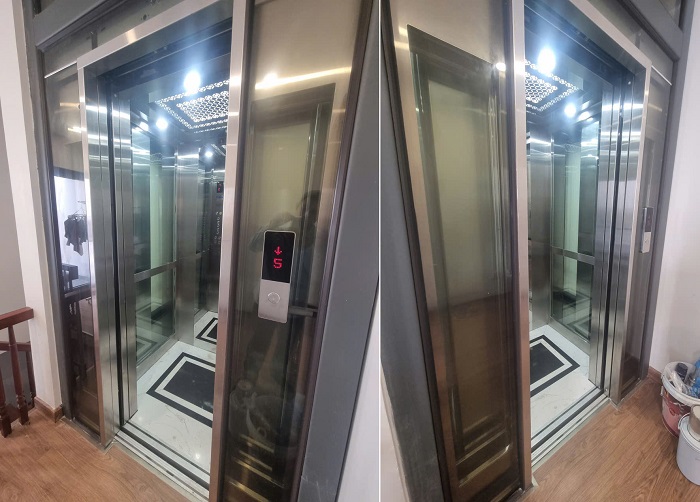 Vách trái, phải viền inox sọc nhuyễn vách kính cường lực