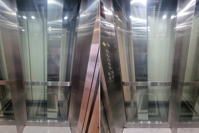 Vách trái, phải viền inox sọc nhuyễn vách kính cường lực