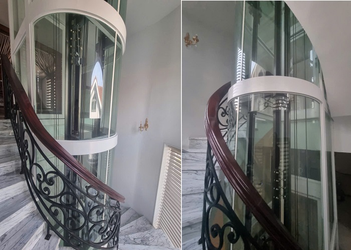 Thang máy quan sát homelift khung thép kính cường lực cong