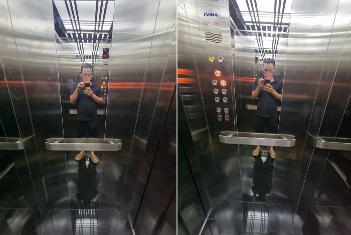 Vách trái, phải inox sọc nhuyễn xen inox trắng gương tay vịn dẹt