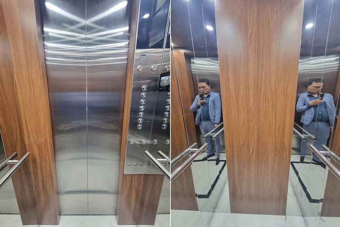 Cửa cabin inox sọc nhuyễn, vách trước cabin inox dán vân gỗ, vách sau inox trắng gương xen inox dán vân gỗ