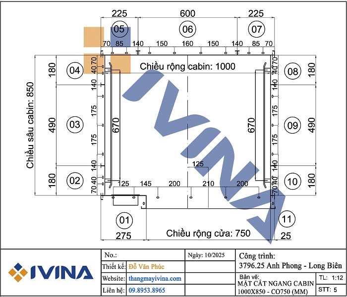 Bản vẽ lắp đặt mặt cắt ngang cabin 1000x850 - CO 750mm, inox sọc nhuyễn xen inox trắng gương