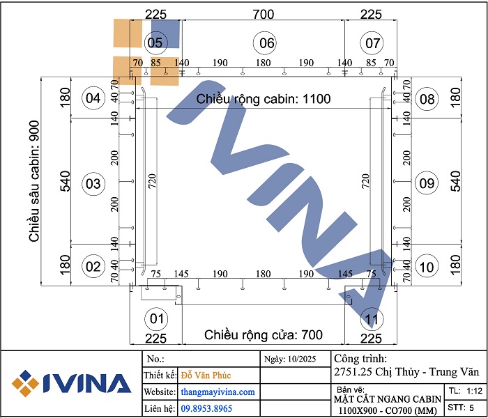 Bản vẽ lắp đặt mắt cắt ngang cabin 1100x900 CO 700mm inox sọc nhuyễn xen inox trắng gương