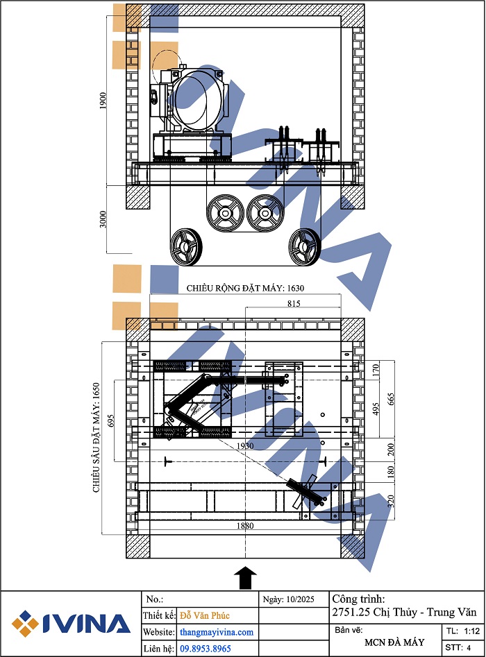 Bản vẽ lắp đặt mặt cắt ngang đà máy thang máy 350kg không phòng máy truyền dưới đối trọng bo bê tông sau