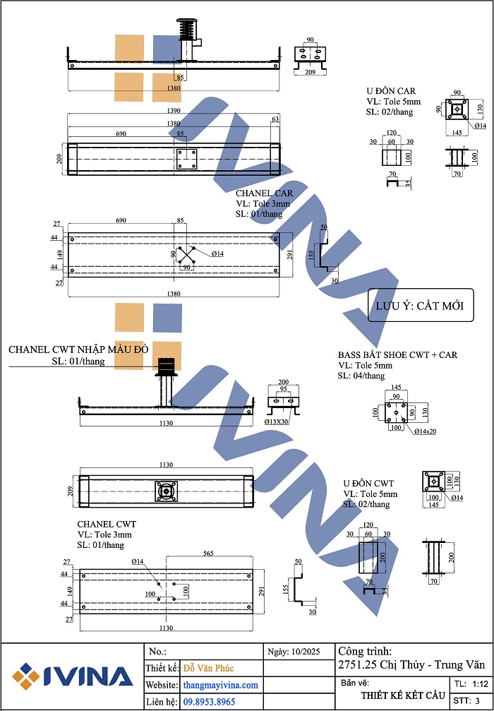 Bản vẽ lắp đặt thiết kế kết cấu dọc hố thang máy hố 1500x1500mm