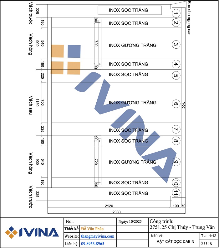 Bản vẽ lắp đặt mặt cắt dọc cabin chi tiết kích thước tấm inox sọc nhuyễn xen inox trắng gương