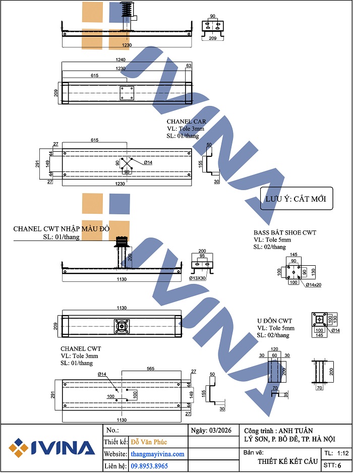 Bản vẽ lắp đặt thiết kế kết cấu dọc hố thang máy 1400x1750mm